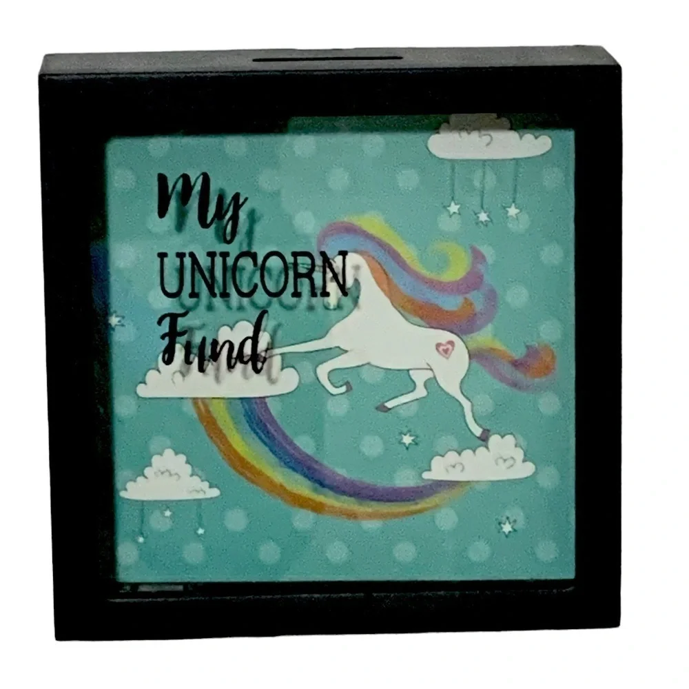 Unicorn Piggy Bank Clear View Front Rainbow Polka Dots Square 6 in x 6 in